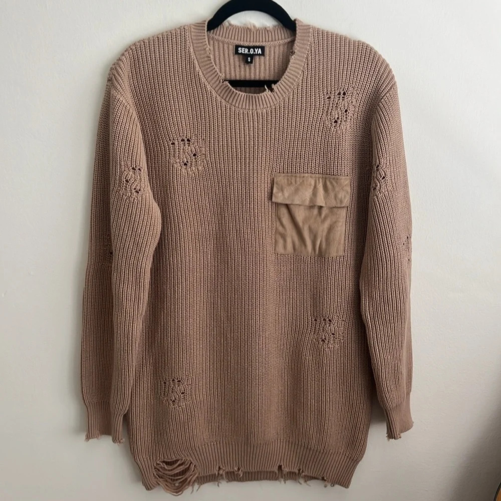 SER.O.YA Devin 100% Cotton Distressed sweater dress tan S - Picture 6 of 11